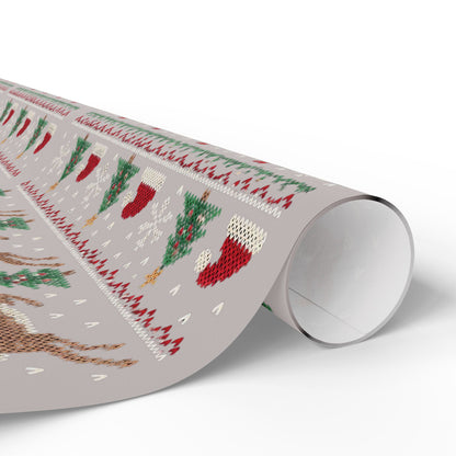 Christmas Wrapping Paper with Reindeer, Trees, Santa Hats & Snowflakes 30"x 36"