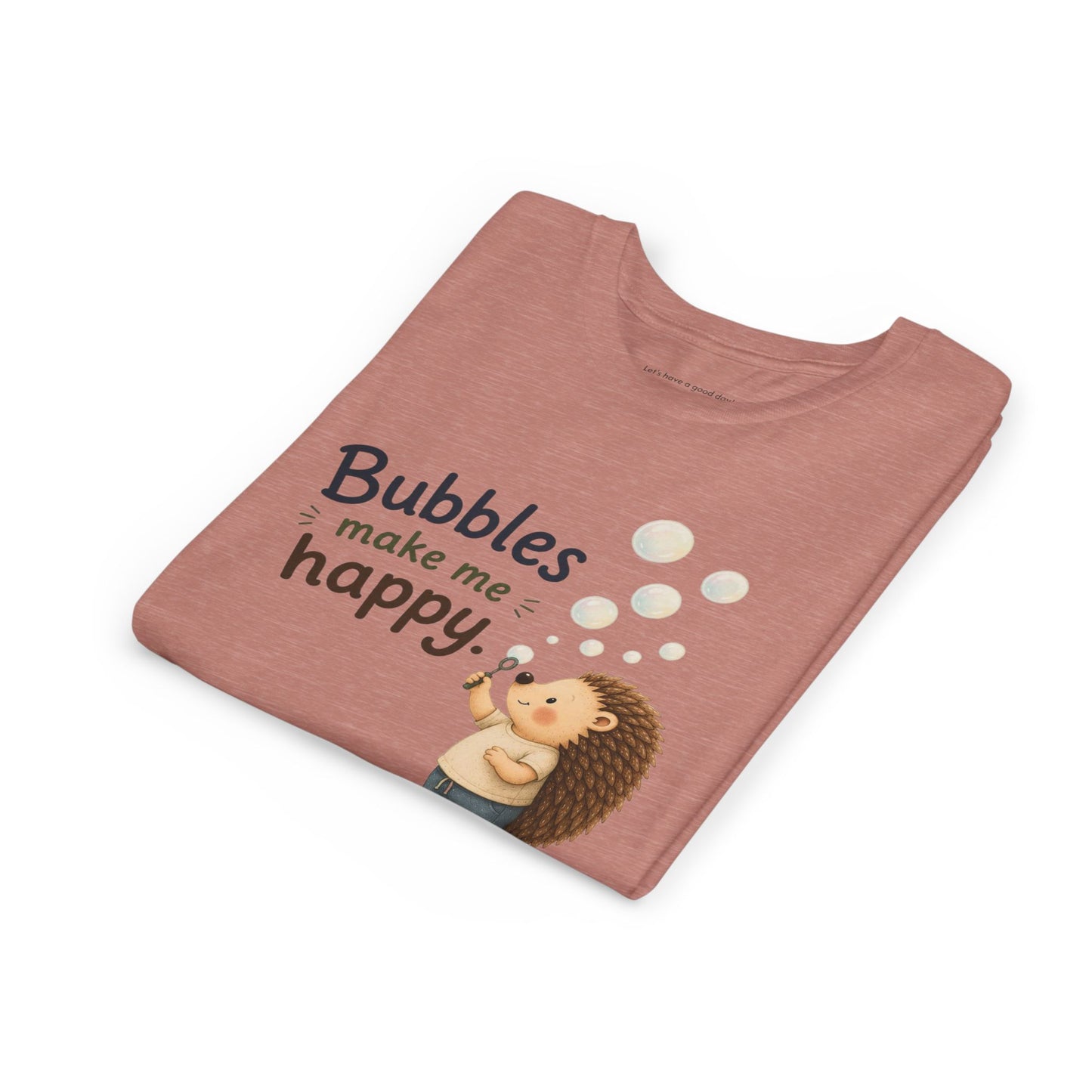 Youth Tee — "Bubbles Make Me Happy" Hedgehog Bubble-Blowing Kids Shirt