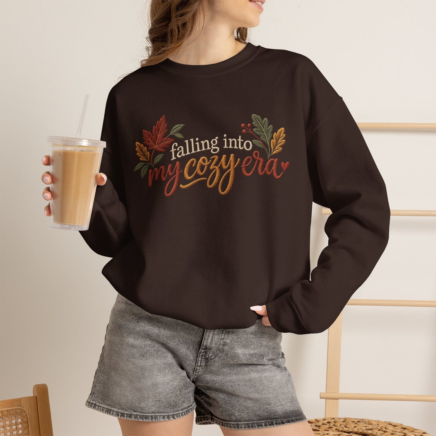'Falling Into My Cozy Era' -Faux-Embroidery Sensory Friendly Autumn Sweatshirt