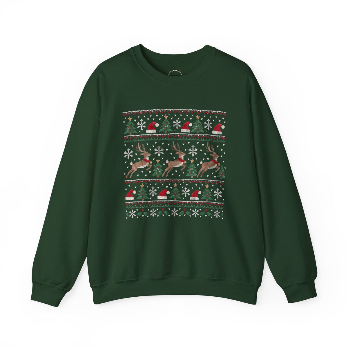 Festive Reindeer Faux-Knit Christmas Crewneck Sweatshirt