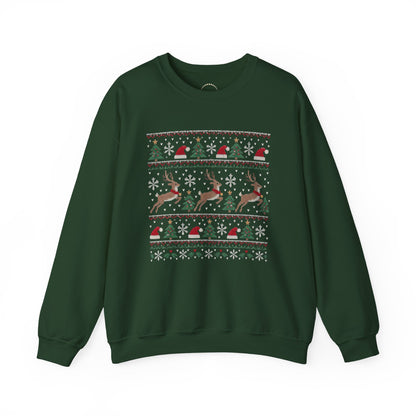 Festive Reindeer Faux-Knit Christmas Crewneck Sweatshirt