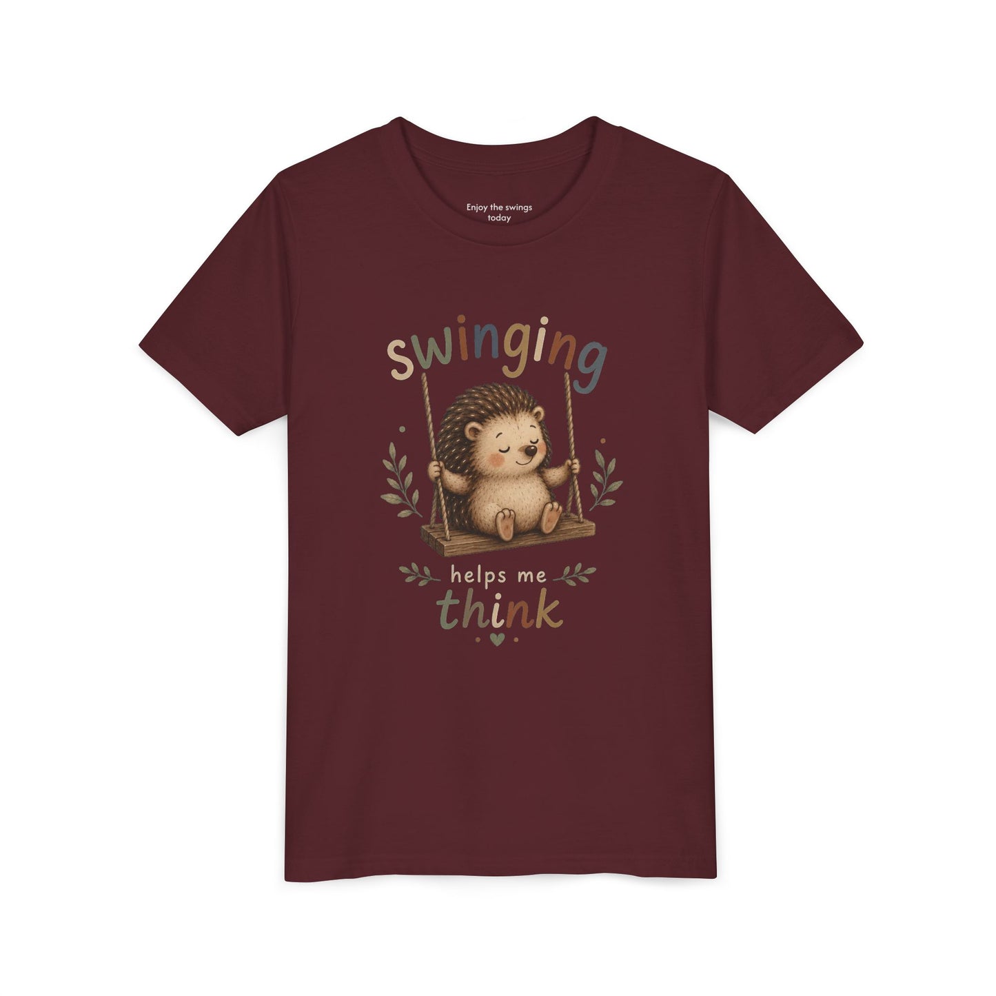 Hedgehog Swing Youth Tee – “Swinging Helps Me Think” Cute Kids Graphic T-Shirt