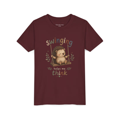 Hedgehog Swing Youth Tee – “Swinging Helps Me Think” Cute Kids Graphic T-Shirt