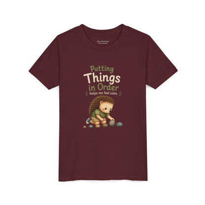 Youth Tee — "Putting Things in Order Helps Me Feel Calm" Cute Hedgehog Kids Shirt