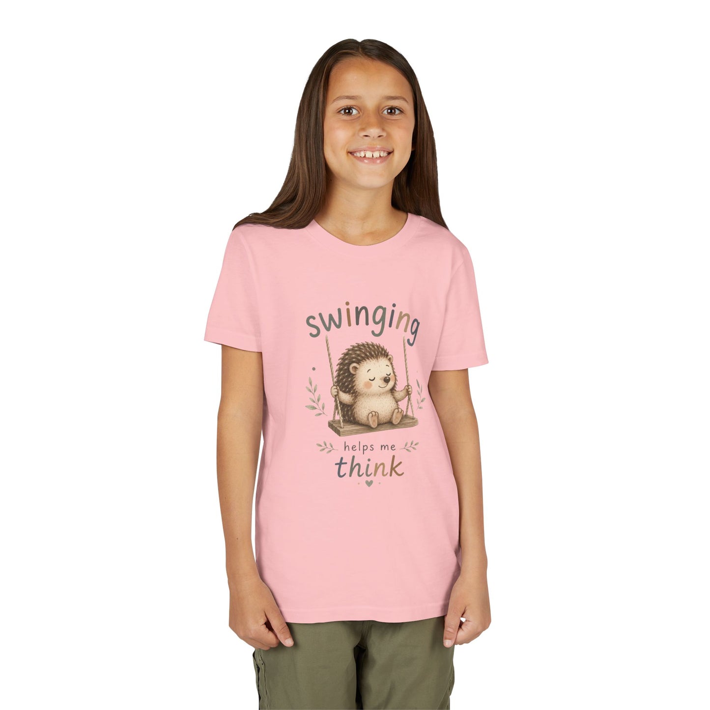 Hedgehog Swing Youth Tee – “Swinging Helps Me Think” Cute Kids Graphic T-Shirt