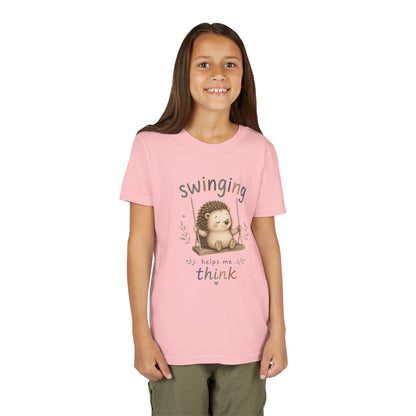 Hedgehog Swing Youth Tee – “Swinging Helps Me Think” Cute Kids Graphic T-Shirt