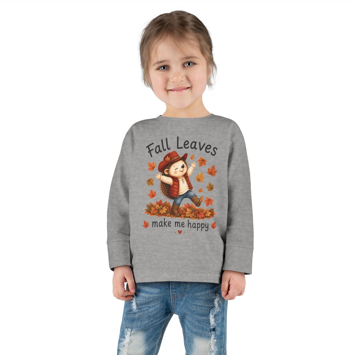 Toddler Long Sleeve Tee — "Fall Leaves Make Me Happy" Cute Autumn Hedgehog
