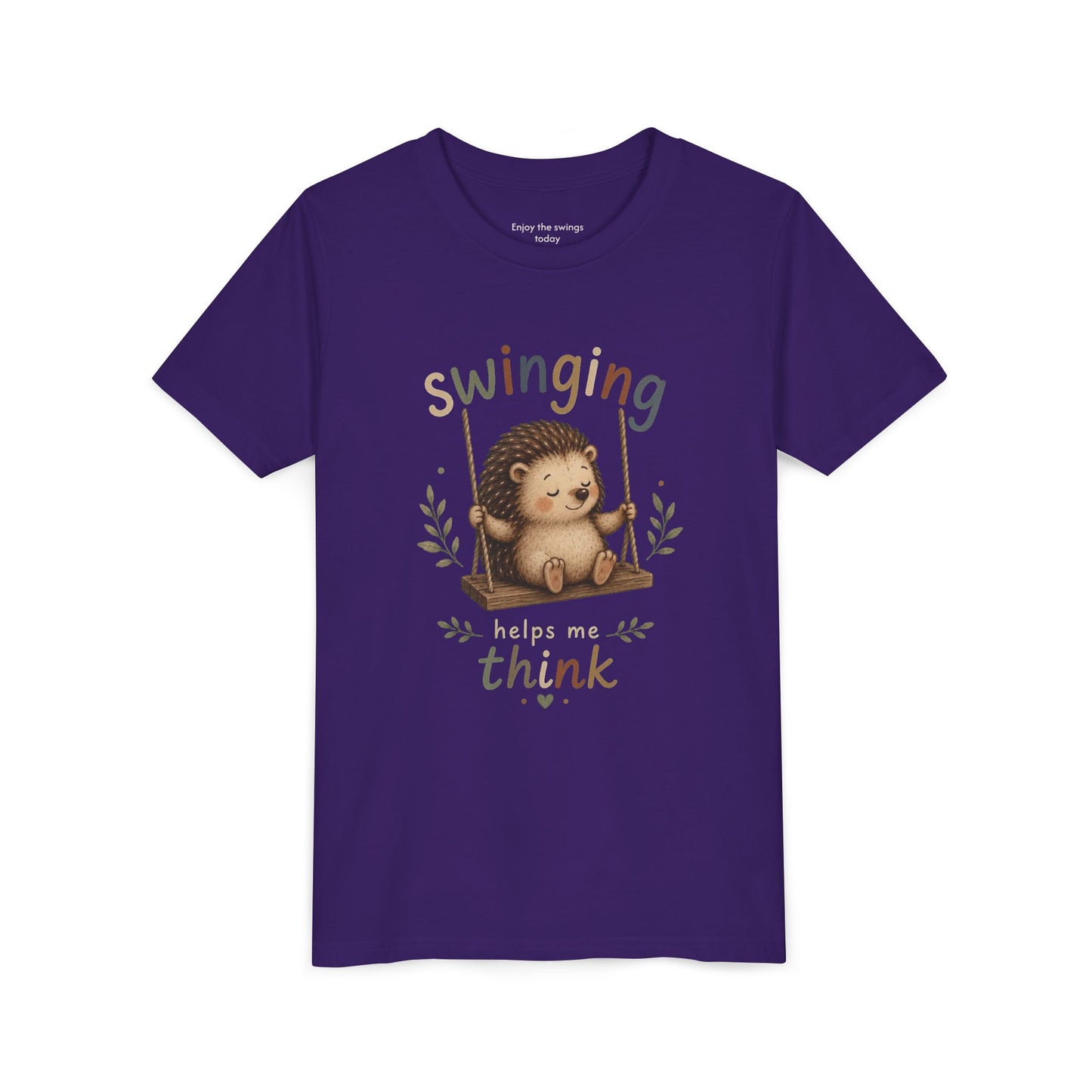 Hedgehog Swing Youth Tee – “Swinging Helps Me Think” Cute Kids Graphic T-Shirt