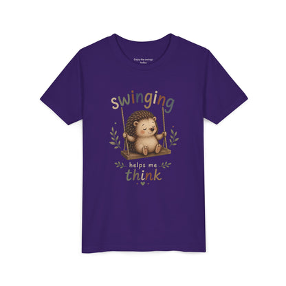 Hedgehog Swing Youth Tee – “Swinging Helps Me Think” Cute Kids Graphic T-Shirt