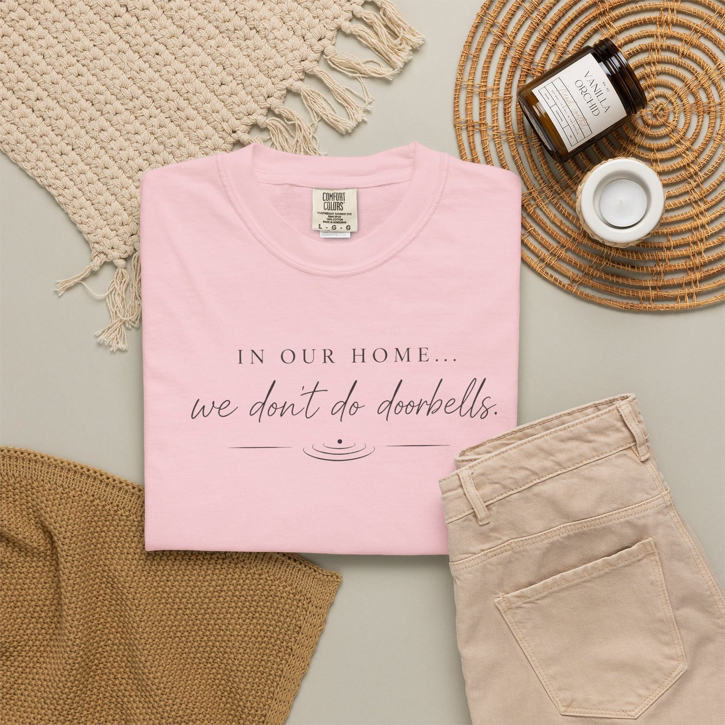 T-Shirt — "In Our Home We Don’t Do Doorbells" Minimalist Family Tee