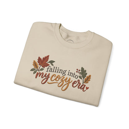 'Falling Into My Cozy Era' -Faux-Embroidery Sensory Friendly Autumn Sweatshirt