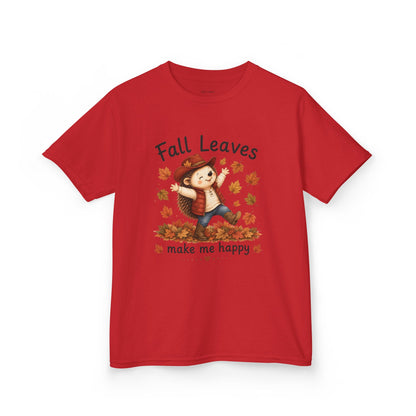 Kids T‑Shirt — 'Fall Leaves Make Me Happy' Cute Autumn Hedgehog Tee