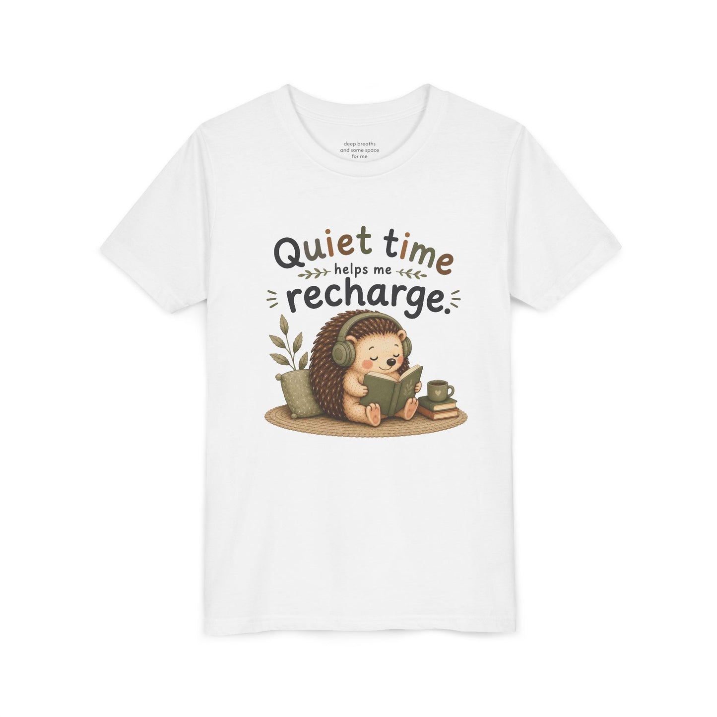 Youth Tee — "Quiet Time Helps Me Recharge" Cute Reading Hedgehog Kids Shirt