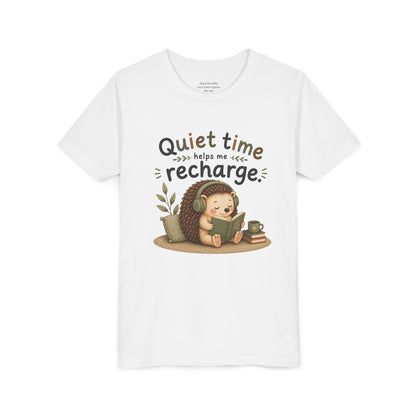 Youth Tee — "Quiet Time Helps Me Recharge" Cute Reading Hedgehog Kids Shirt