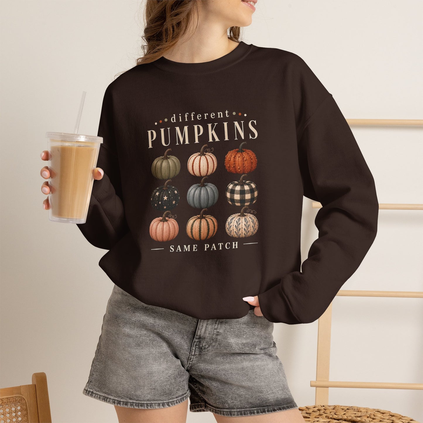 Crewneck Sweatshirt — 'Different Pumpkins, Same Patch' Fall Graphic Pullover