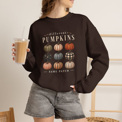 Crewneck Sweatshirt — 'Different Pumpkins, Same Patch' Fall Graphic Pullover