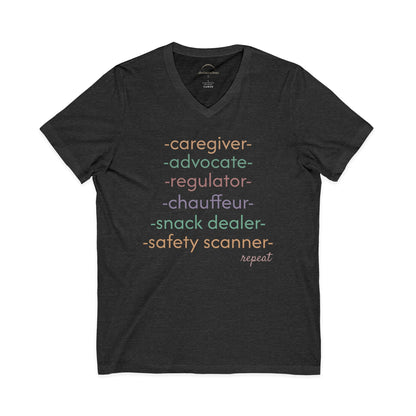 Caregiver Roles Checklist V-Neck Tee — Fun Caregiver Appreciation Shirt