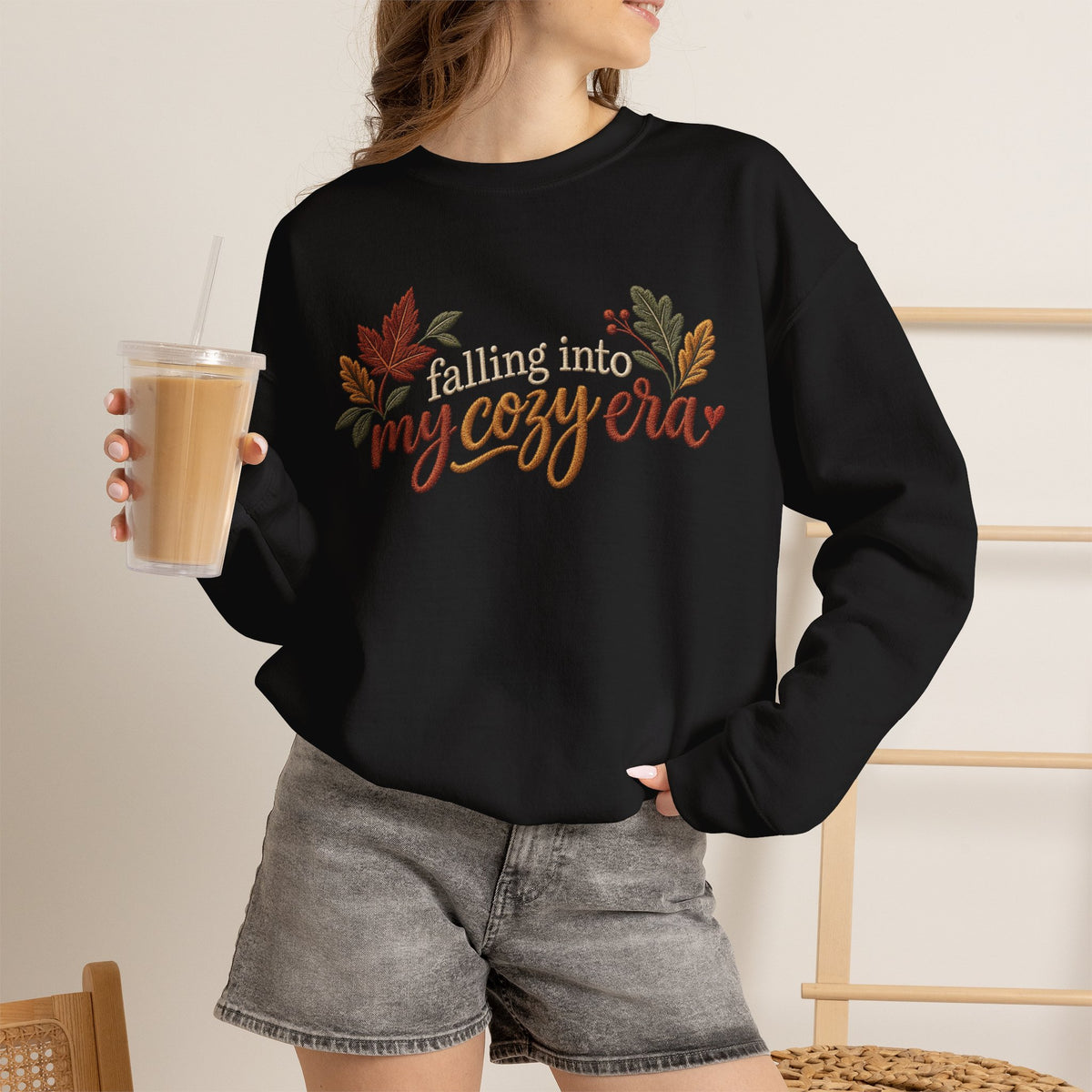 'Falling Into My Cozy Era' -Faux-Embroidery Sensory Friendly Autumn Sweatshirt