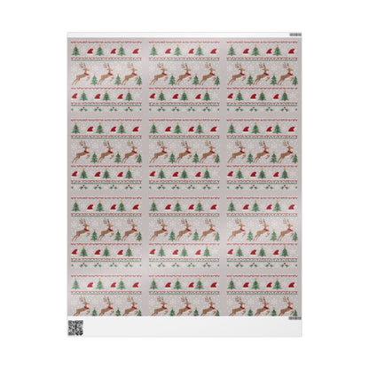Christmas Wrapping Paper with Reindeer, Trees, Santa Hats & Snowflakes 30"x 36"