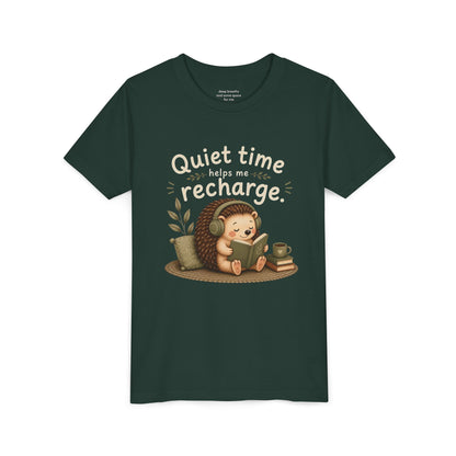 Youth Tee — "Quiet Time Helps Me Recharge" Cute Reading Hedgehog Kids Shirt