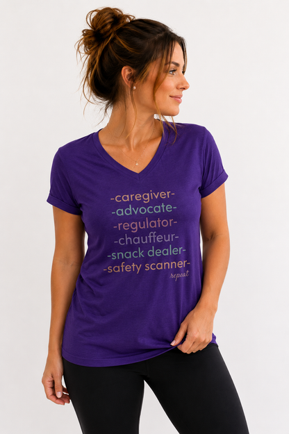 Caregiver Roles Checklist V-Neck Tee — Fun Caregiver Appreciation Shirt