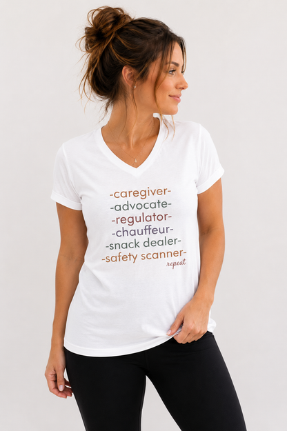Caregiver Roles Checklist V-Neck Tee — Fun Caregiver Appreciation Shirt
