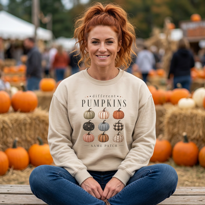 Crewneck Sweatshirt — 'Different Pumpkins, Same Patch' Fall Graphic Pullover