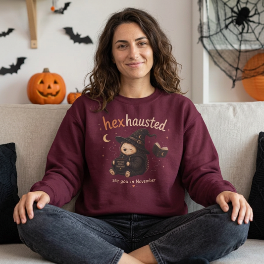 Halloween Sweatshirt — "Hexhausted" See you in November
