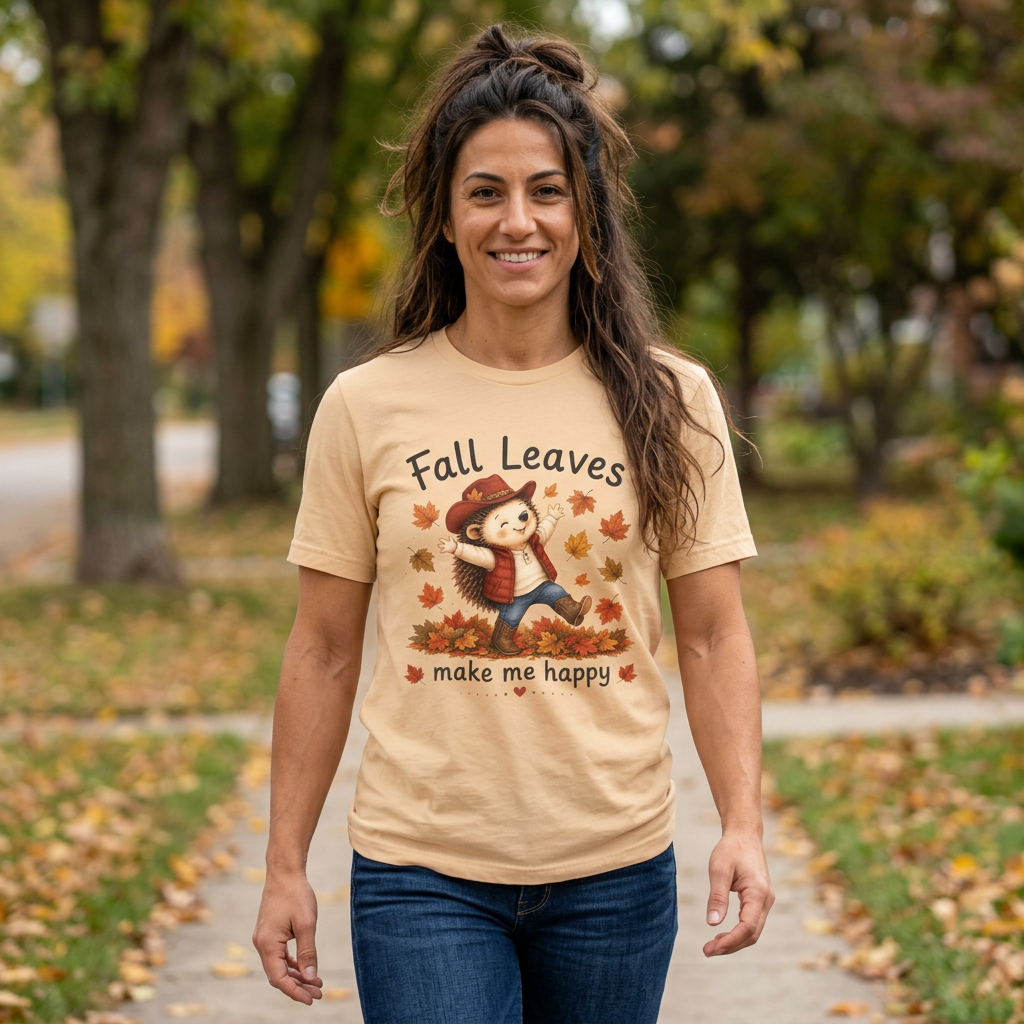 Fall Leaves Make Me Happy Tee — Cute Hedgehog Autumn Graphic T-Shirt