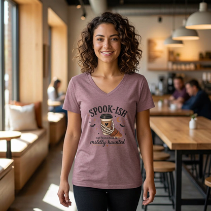 Spook-ish V‑Neck Tee — "Caffeinated & Mildly Haunted" Halloween Coffee Shirt