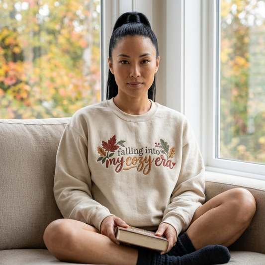 'Falling Into My Cozy Era' -Faux-Embroidery Sensory Friendly Autumn Sweatshirt