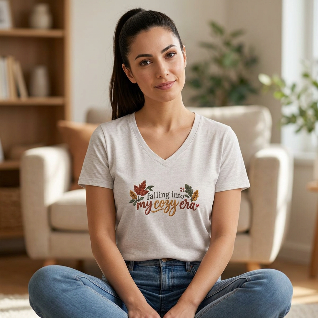 Women's Fall V-Neck Tee - "Falling into My Cozy Era" Faux Embroidery