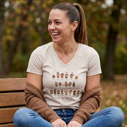 ASL Alphabet V-Neck Tee — Women's Sign Language Graphic T-Shirt  "Fall is for Everyone"