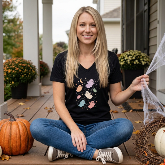 Women's V-Neck Tee — Cute Pastel Ghosts Halloween Graphic