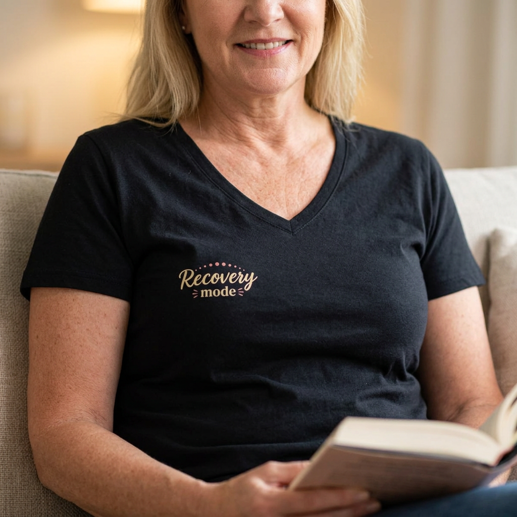 "Recovery Mode" V‑Neck Tee — Women's Rest & Recovery Shirt -Front & Back Design