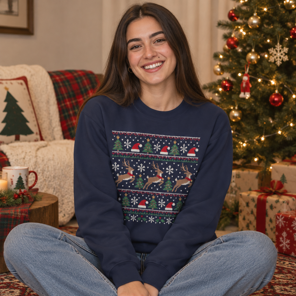 Festive Reindeer Faux-Knit Christmas Crewneck Sweatshirt