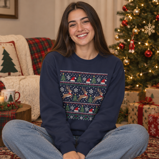 Festive Reindeer Faux-Knit Christmas Crewneck Sweatshirt