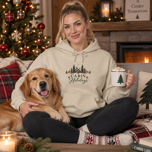 Cabin Holidays Midweight Fleece Hoodie - Faux-Embroidery, S - 5XL