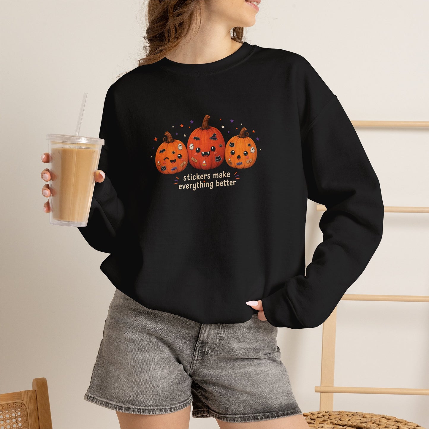 Pumpkin Trio Sweatshirt - 'Stickers Make Everything Better' Halloween Fun