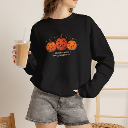 Pumpkin Trio Sweatshirt - 'Stickers Make Everything Better' Halloween Fun