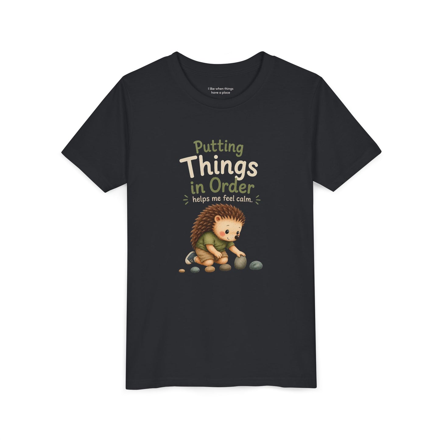 Youth Tee — "Putting Things in Order Helps Me Feel Calm" Cute Hedgehog Kids Shirt