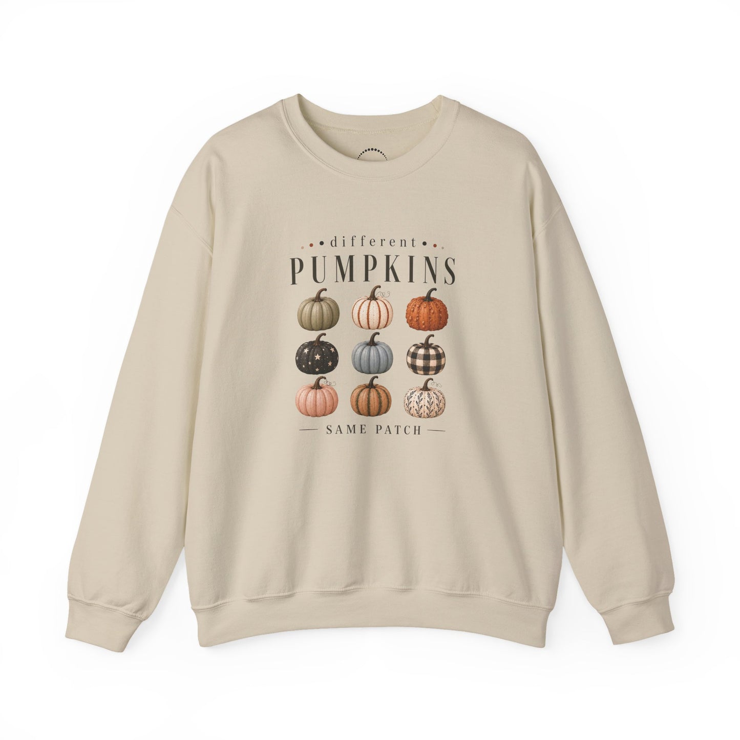 Crewneck Sweatshirt — 'Different Pumpkins, Same Patch' Fall Graphic Pullover