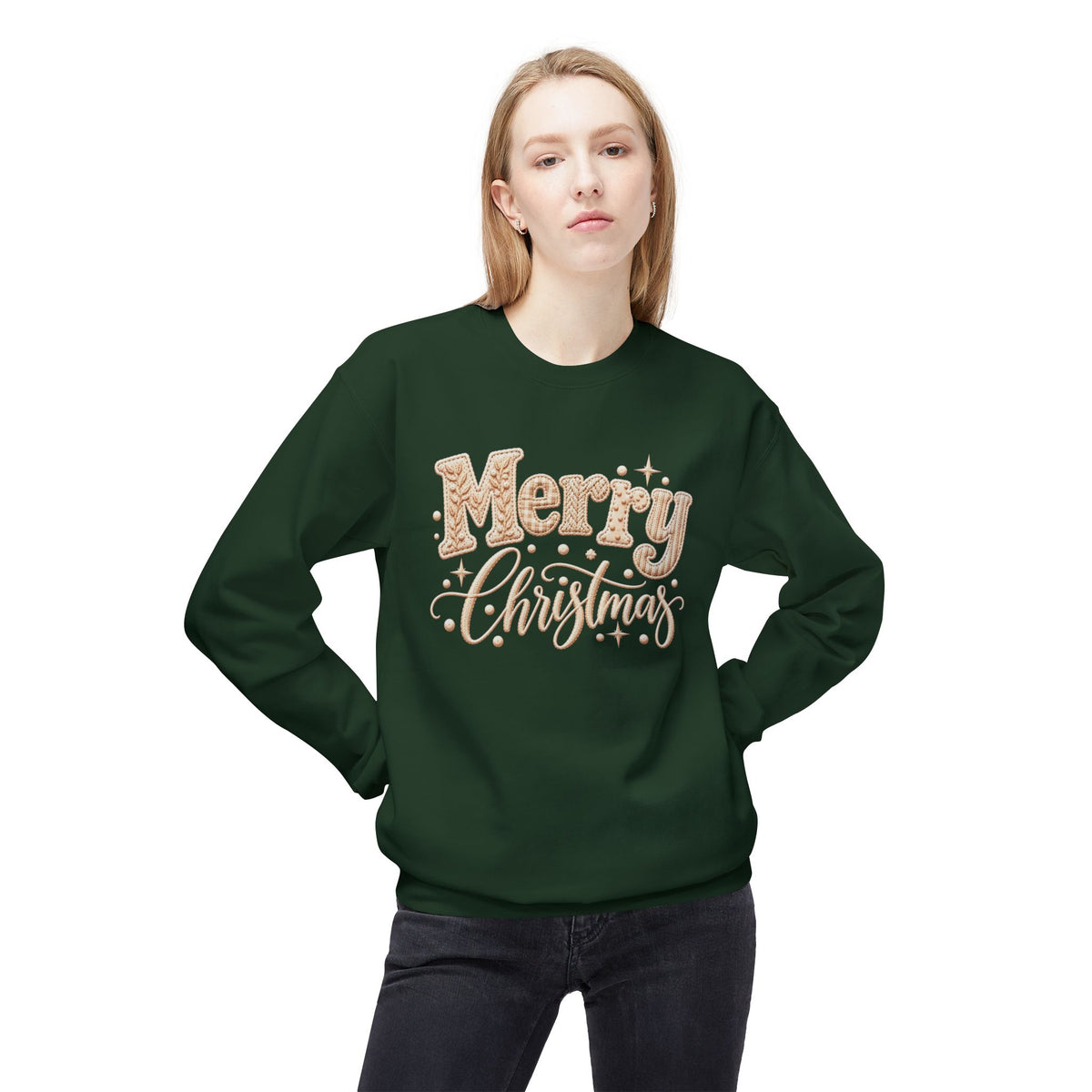 Merry Christmas Faux-Embroidery -  Midweight Crewneck Sweatshirt, S - 4XL