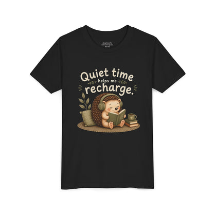Youth Tee — "Quiet Time Helps Me Recharge" Cute Reading Hedgehog Kids Shirt