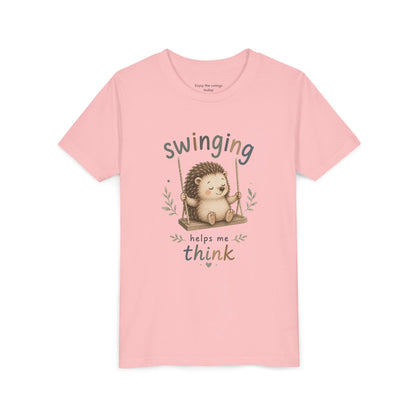 Hedgehog Swing Youth Tee – “Swinging Helps Me Think” Cute Kids Graphic T-Shirt