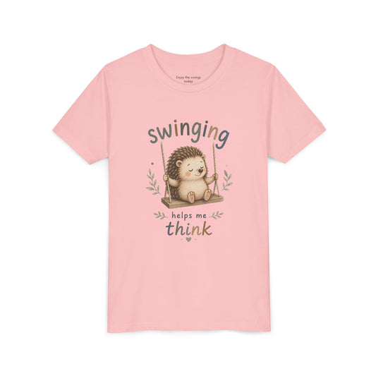 Hedgehog Swing Youth Tee – “Swinging Helps Me Think” Cute Kids Graphic T-Shirt