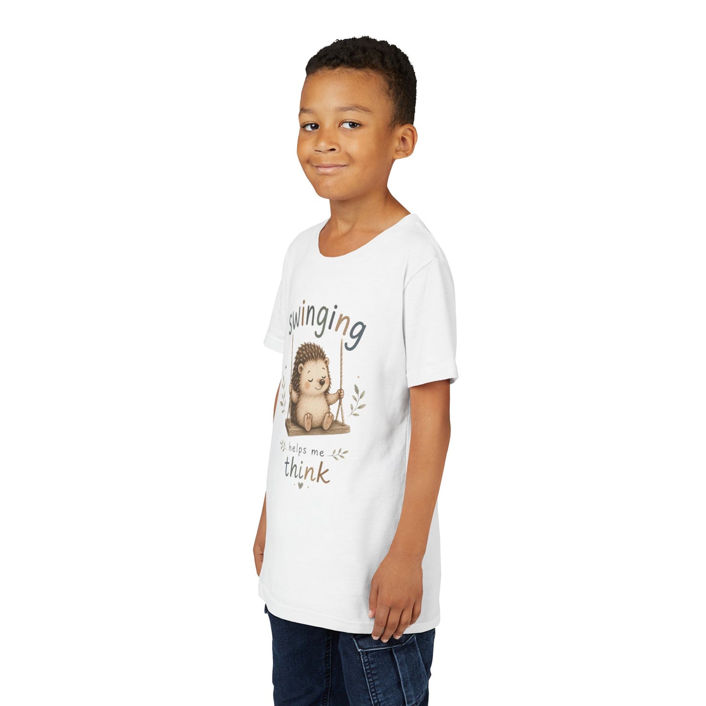 Hedgehog Swing Youth Tee – “Swinging Helps Me Think” Cute Kids Graphic T-Shirt