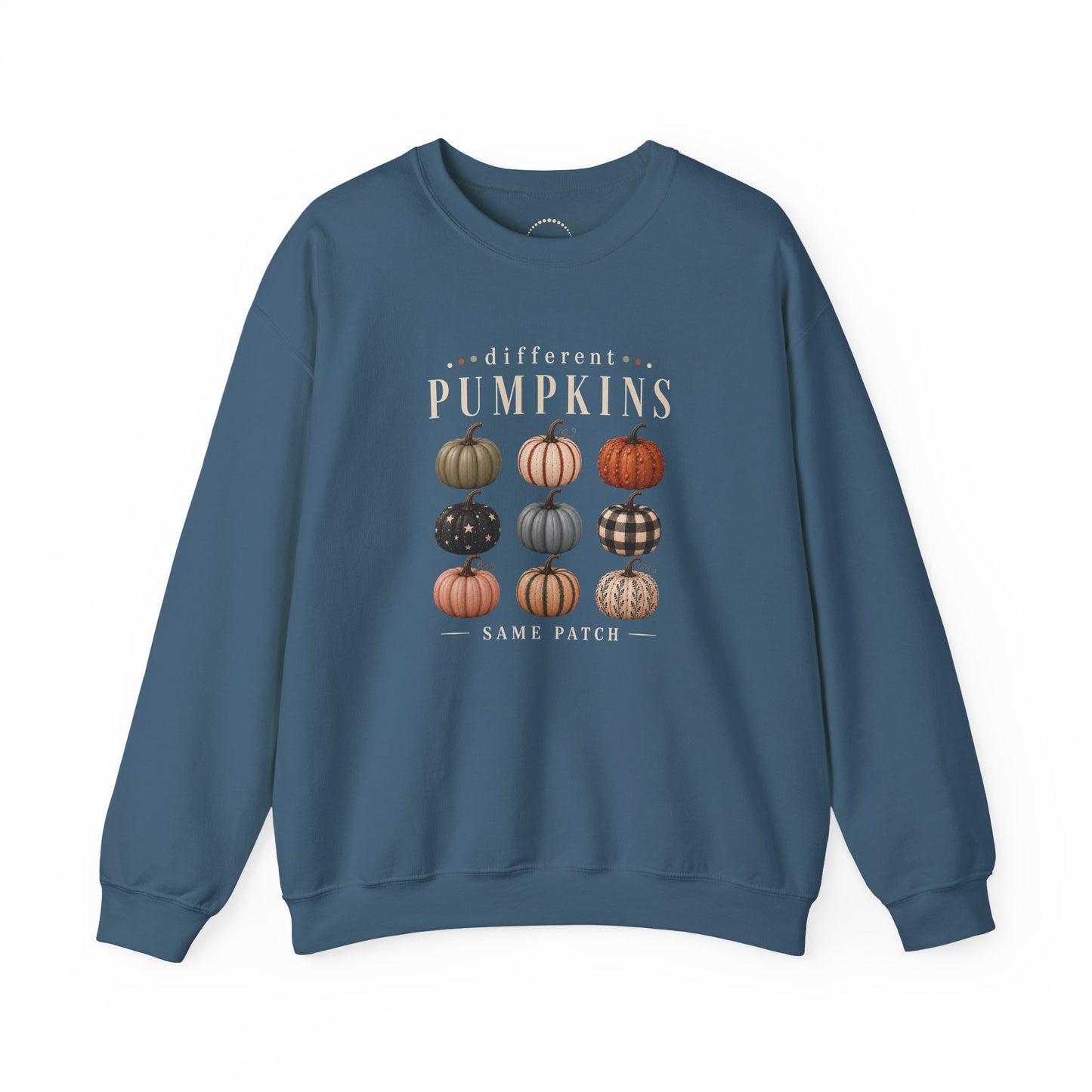 Crewneck Sweatshirt — 'Different Pumpkins, Same Patch' Fall Graphic Pullover