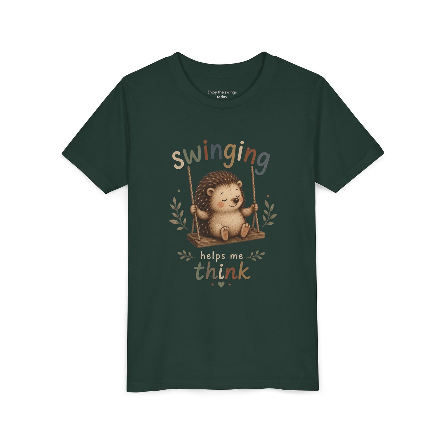 Hedgehog Swing Youth Tee – “Swinging Helps Me Think” Cute Kids Graphic T-Shirt