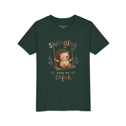 Hedgehog Swing Youth Tee – “Swinging Helps Me Think” Cute Kids Graphic T-Shirt